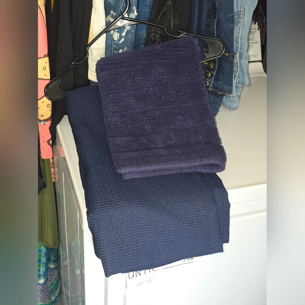 Washable Navy Blue Shower Curtain & Mat